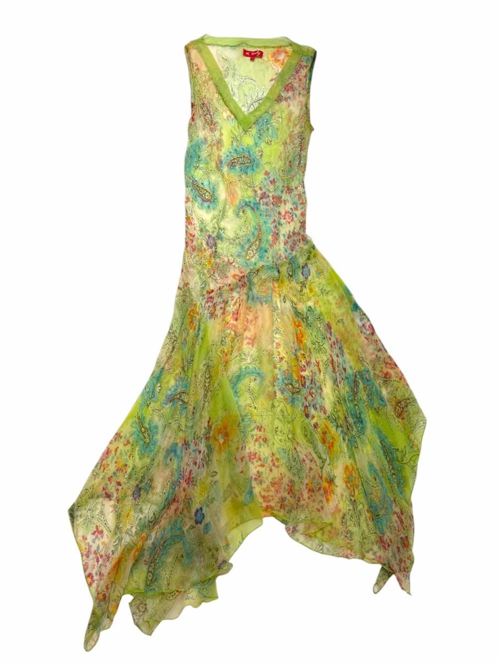 Rene Derhy Y2K Sheer Mesh Paisley Floral Beaded Handkerchief Hem Dress Small